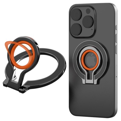Anneau Magnétique Universel Support 360° Pliable Compatible MagSafe – Couleur Orange Et Noir